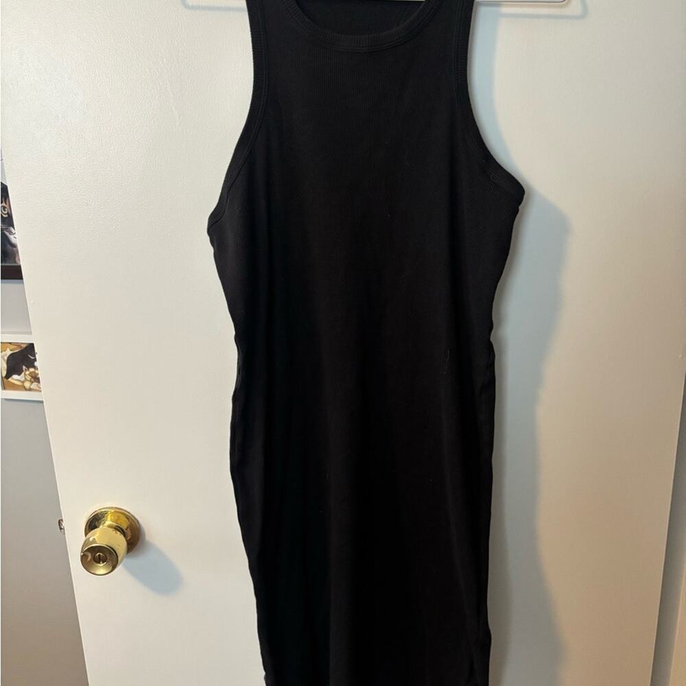 Model Off Duty Effortless Chic Quiet Luxury Black Ribbed Tank Dress Petite XL
